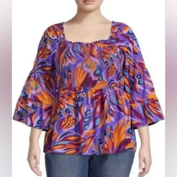 Terra & Sky Colorful Top Purple Orange Print Shirred Elastic, Size 1X, 16W-18W - Picture 1 of 9